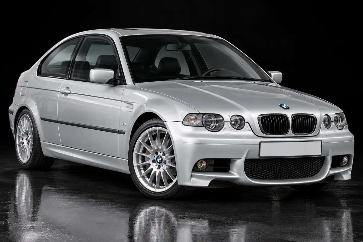 AI illustration of a silver E46 Compact, front three-quarter view, with an M package front bumper with large air intakes