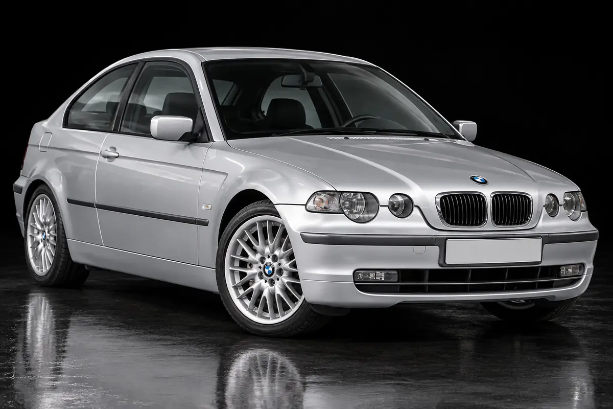 AI illustration of a silver E46 Compact, front three-quarter view, with the standard front bumper